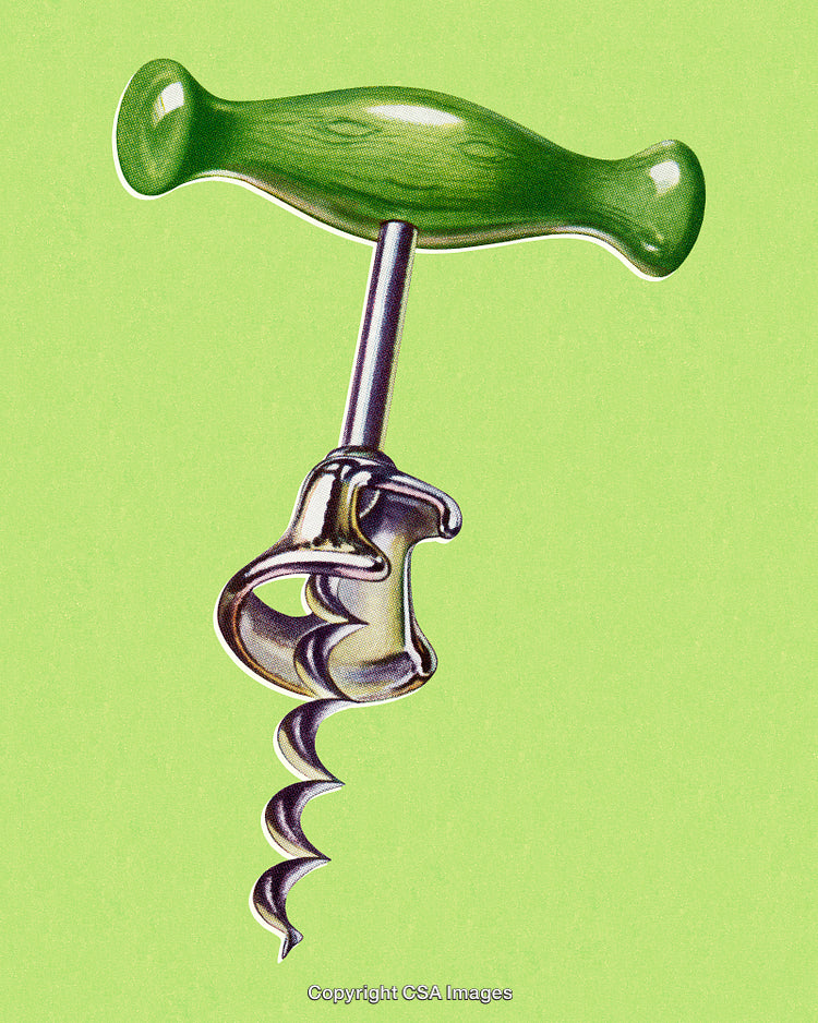 Vintage Corkscrew with Green Wooden Handle Against a Plain Green Background