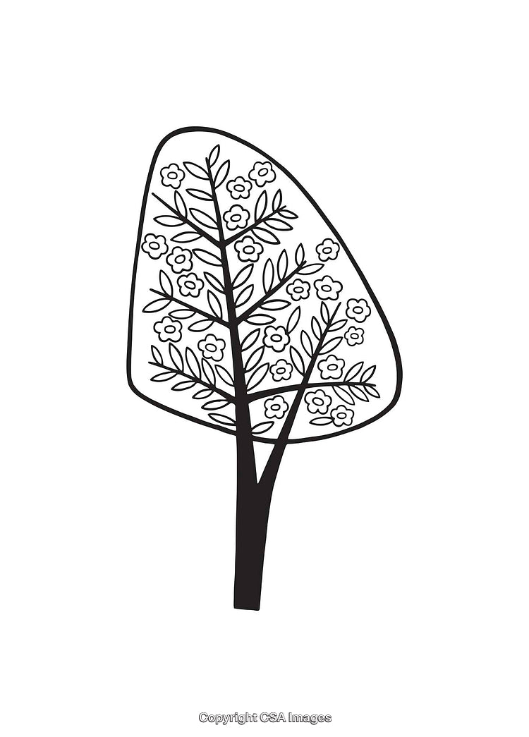 Stylized Black and White Line Art Illustration of a Blossoming Tree