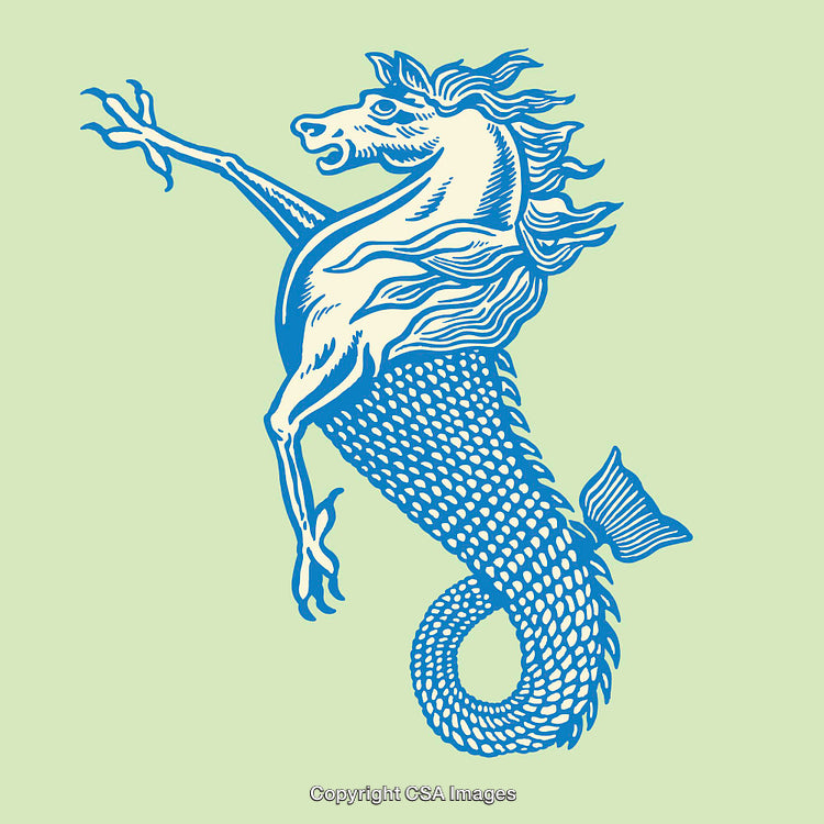 Vintage Blue Hippocampus Illustration with Mythical Design on Green Background