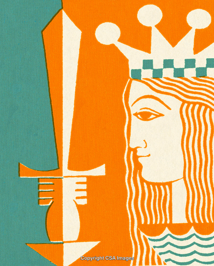 Abstract Depiction of Crowned Woman with Sword in Vibrant Colors and Simple Shapes