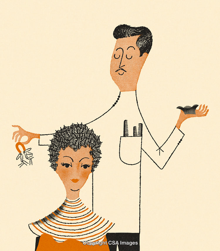 Illustration of a Hairdresser Styling Client's Curly Hair with Artistic Flair