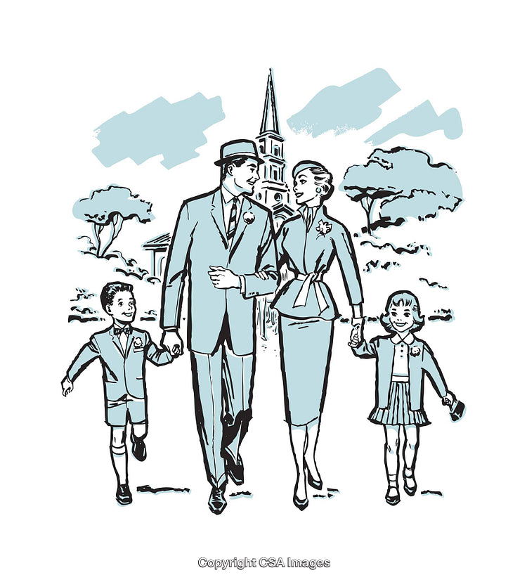 Retro Illustration of a Happy Family Walking Together in a Park