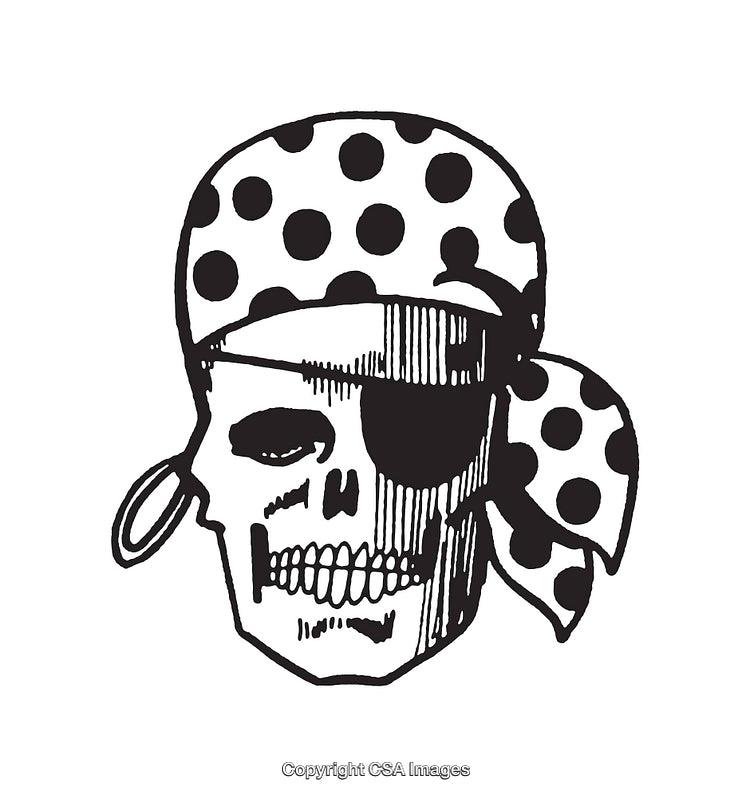 Pirate Skull Illustration with Bandana in Black and White Line Art