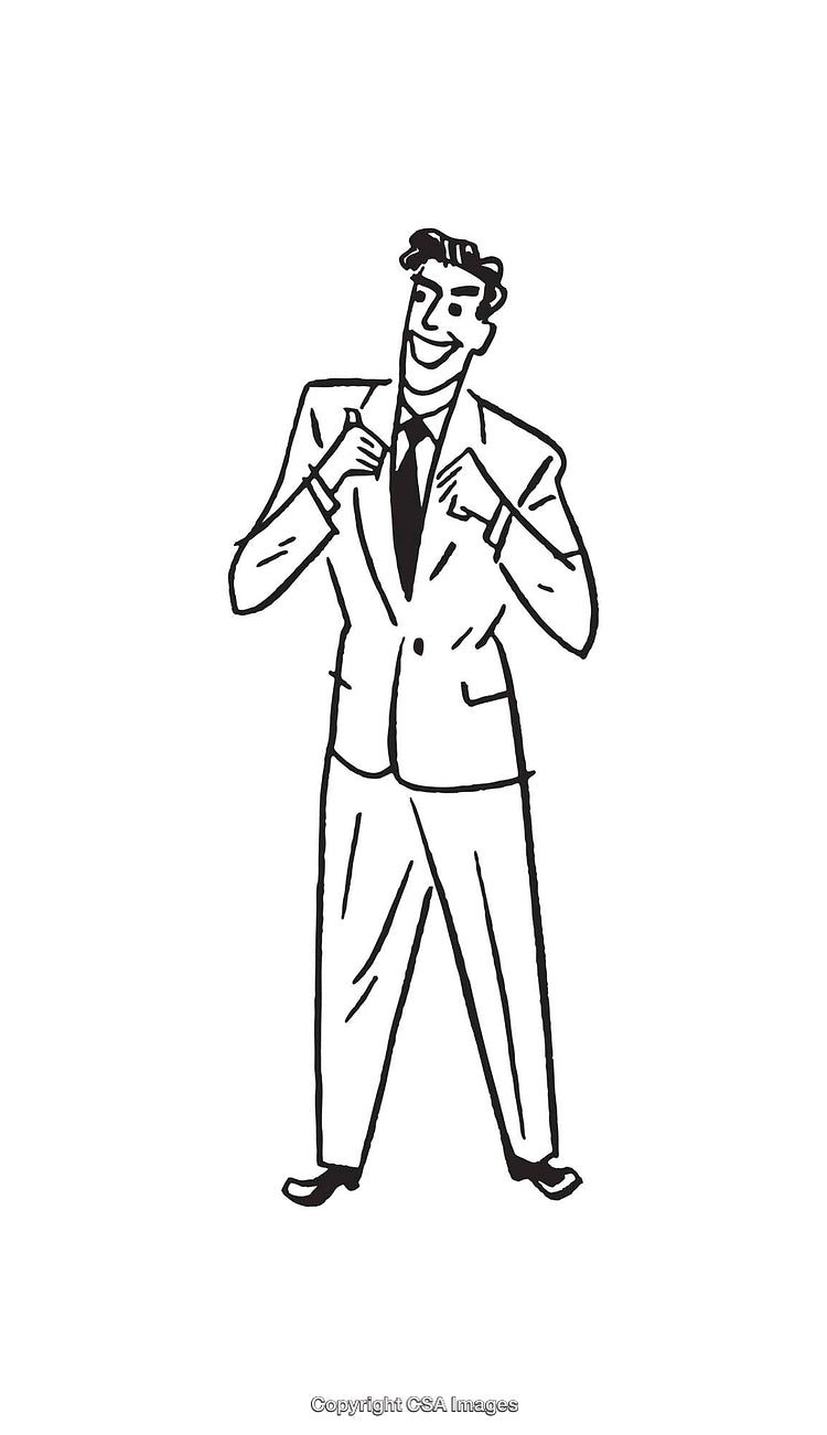Businessman Showing Confidence in Vintage Style Line Art Illustration