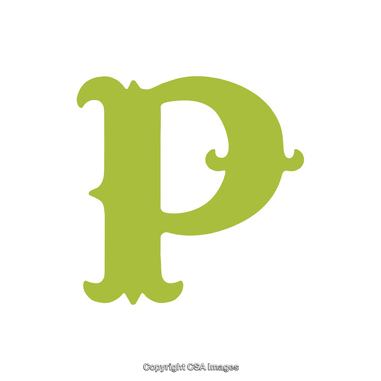 Green Decorative Letter P in Vintage Style on White Background