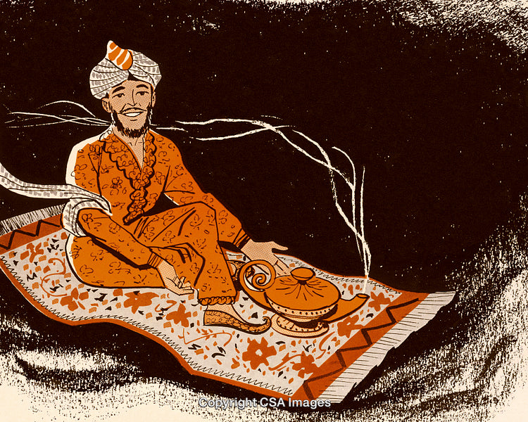 Illustration of a Flying Carpet with a Genie Lamp and Smiling Man