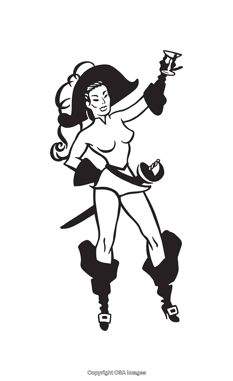 Black and White Line Art of a Pirate Woman Celebrating with a Drink