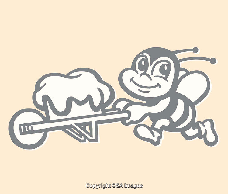 Cartoon Bee Pushing a Wheelbarrow With Honey Illustration