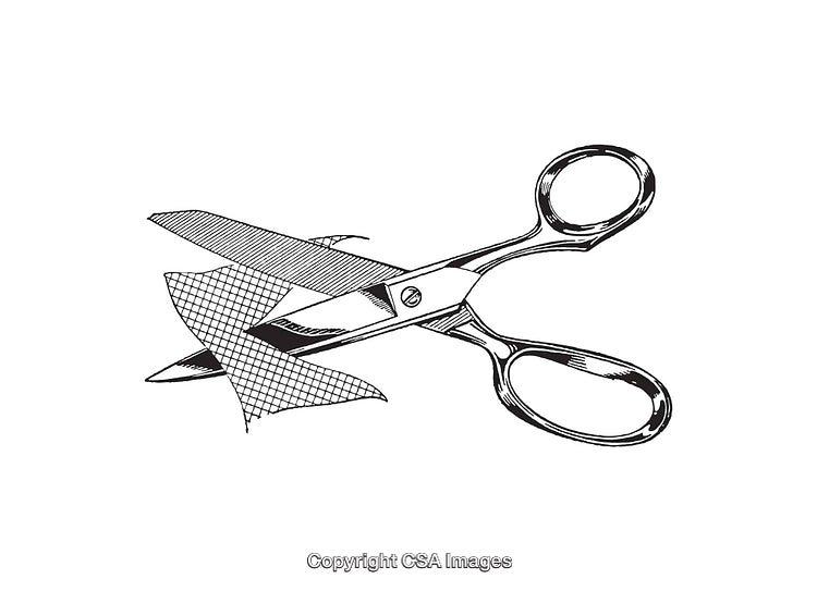 Illustration of Scissors Cutting Fabric in Detailed Black and White Line Art Style