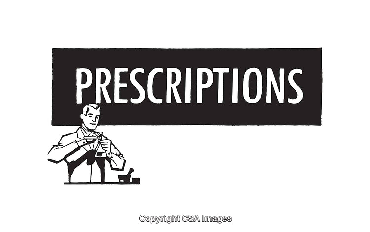 Vintage Style Black and White Prescription Illustration with Pharmacist