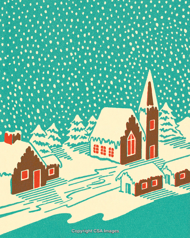 Snowy Winter Village Scene With Church and Houses in Vibrant Colors