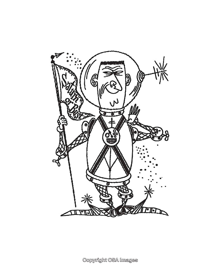 Humorous Line Art Illustration of Futuristic Astronaut Holding a Flag