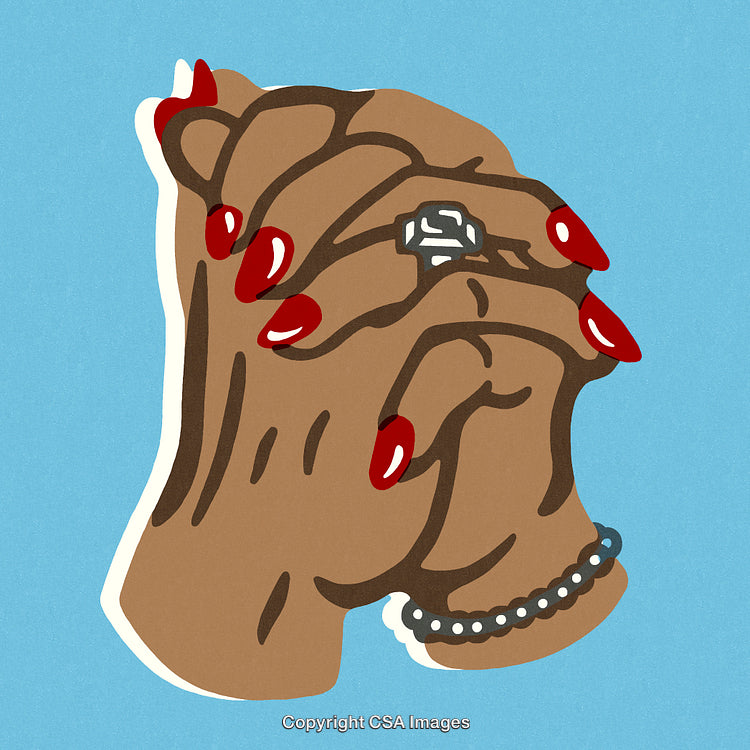 Illustration of Clasped Hands with Red Nails and a Ring on a Blue Background