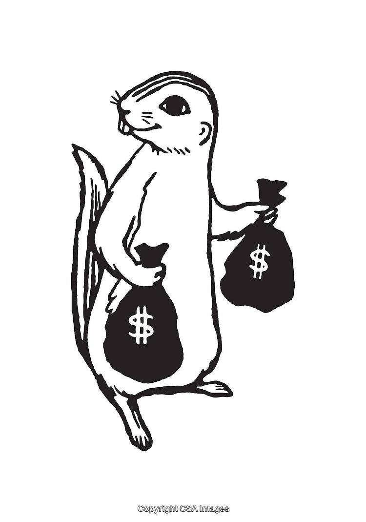 Black and White Line Art Illustration of a Chipmunk Holding Money Bags