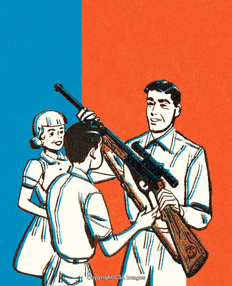Vintage Illustration of a Man Teaching Firearm Handling to Two Children