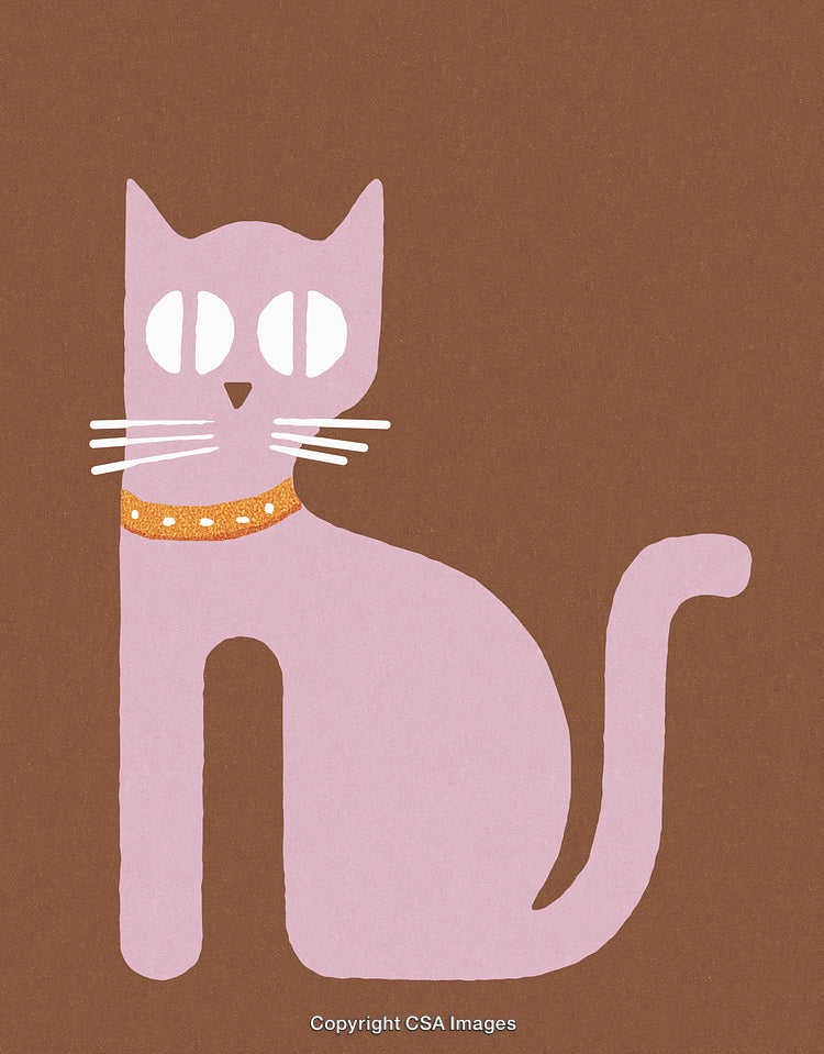 Illustration of a Pink Cat with a Decorative Collar on Brown Background