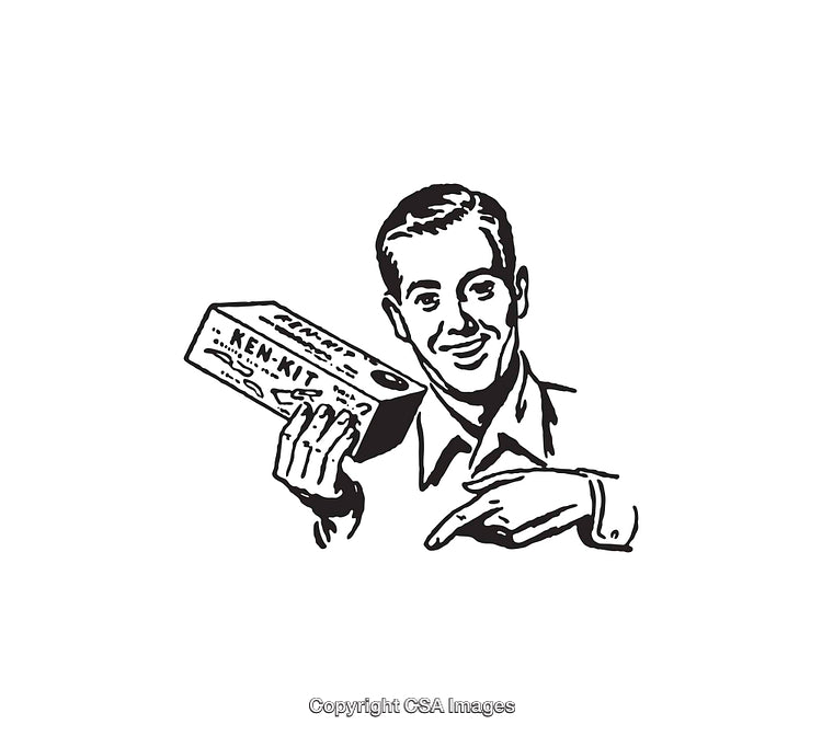 Vintage Line Art Illustration of a Smiling Man Holding a Product Box