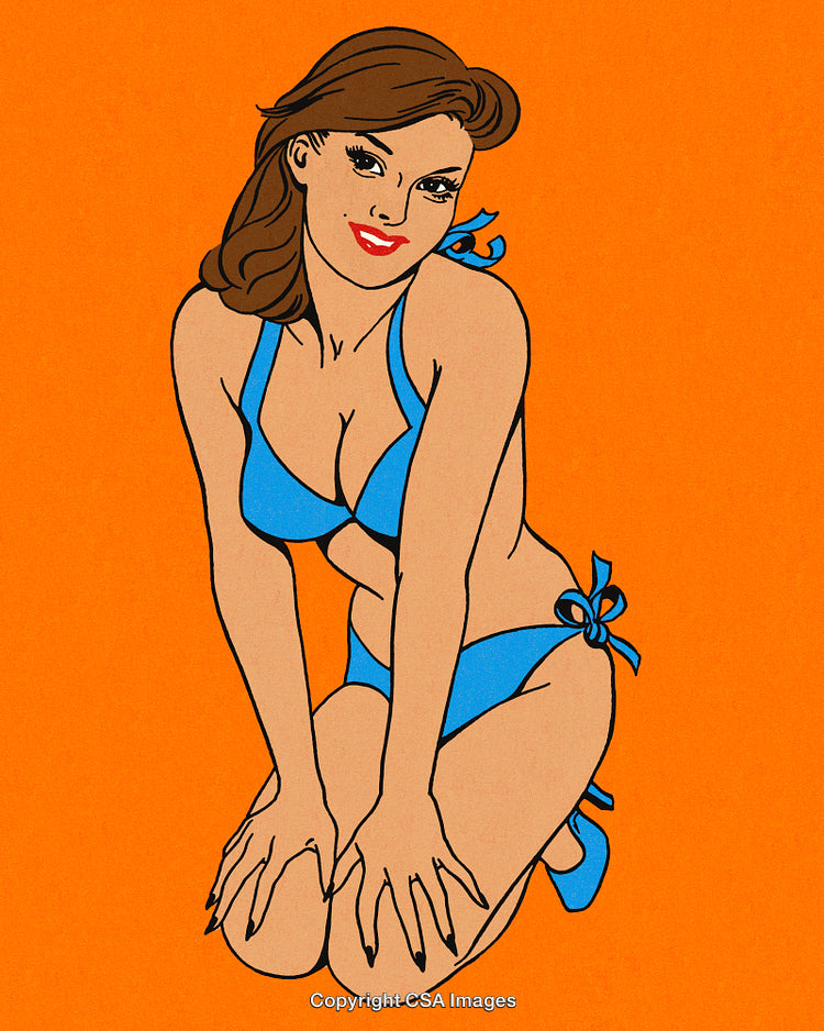 Colorful Retro Styled Illustration of a Woman Kneeling in a Bikini