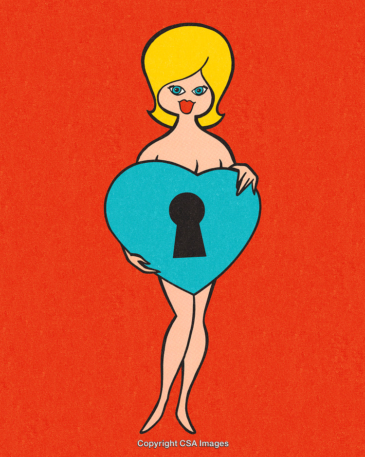 Playful Cartoon Woman Holding Blue Heart with Keyhole on Red Background