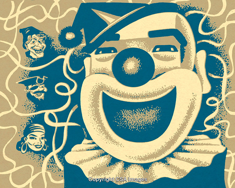 Retro Clown Illustration with Diverse Faces and Abstract Background Design