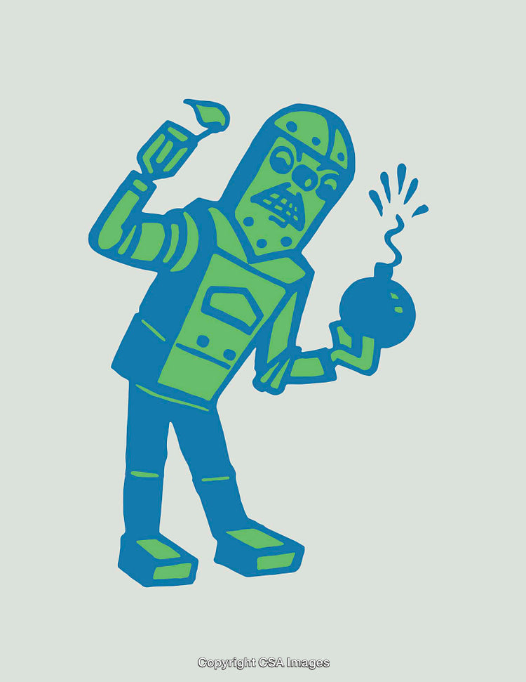 Colorful Illustrated Robot Holding a Lit Bomb in Artistic Style