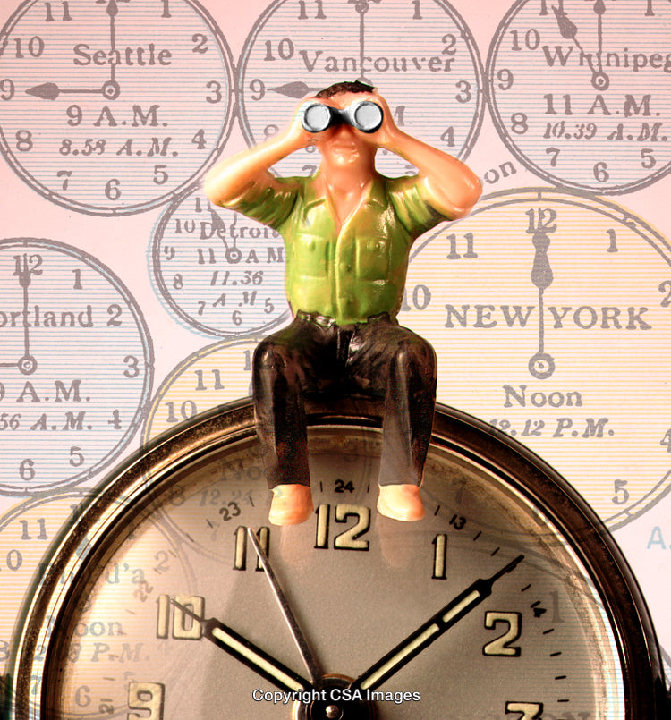 Figurine Observing With Binoculars Over Vintage Clock and World Time Map