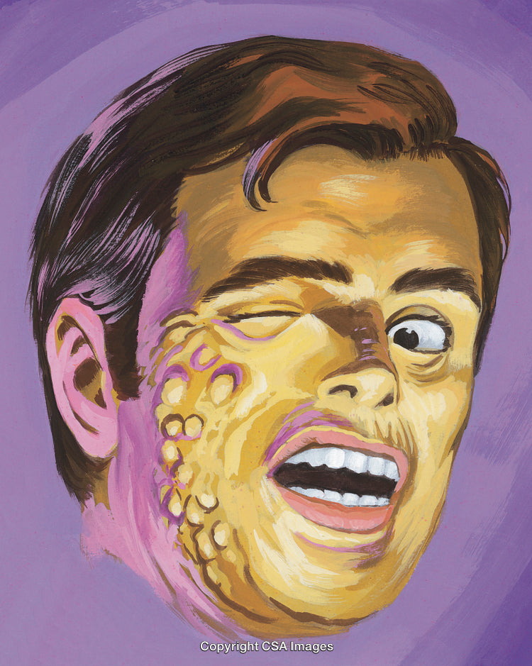 Surreal Illustration of Distorted Face with Bright Colors and Expressive Features