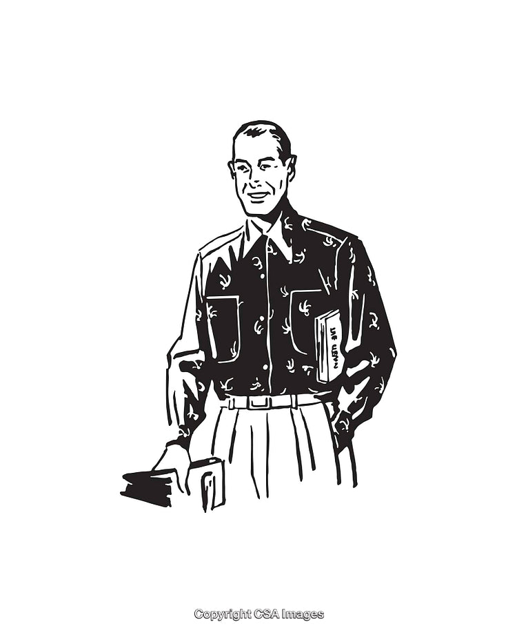 Vintage Line Art Illustration of a Man Holding Books and Smiling