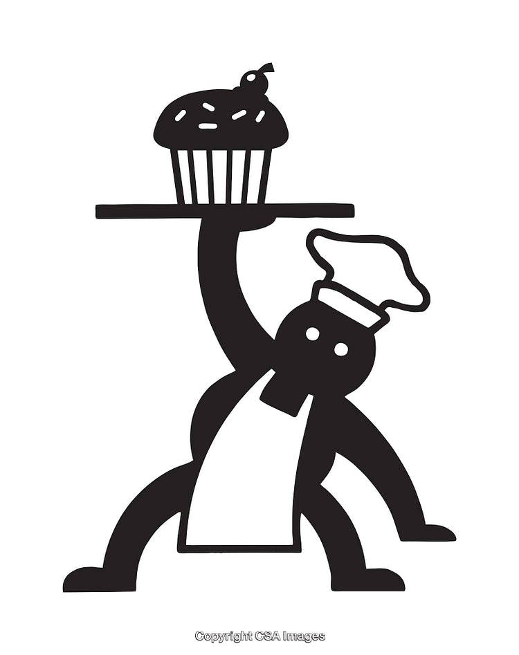 Whimsical Baker Illustration Featuring Cupcake on a Large Tray