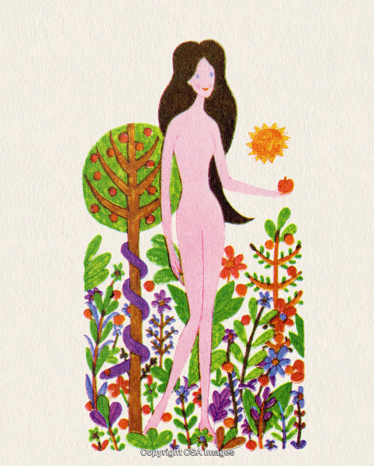 Colorful Illustration of a Nature Scenery with Woman and Serpent Symbolism