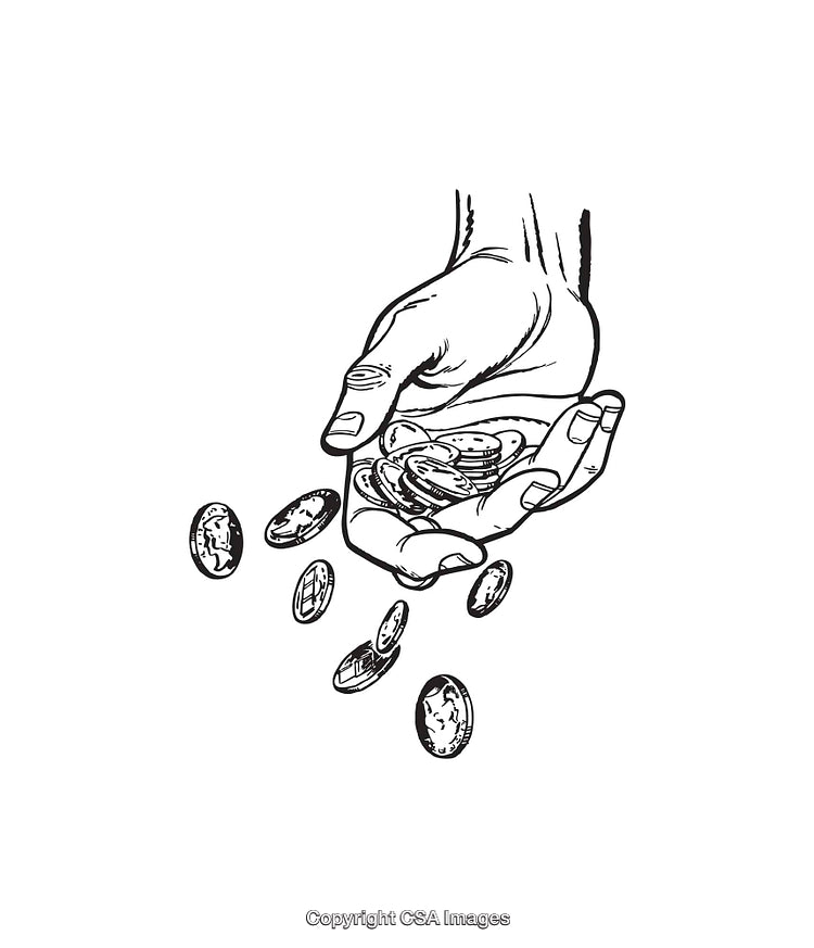 Hand Holding and Releasing Coins in Detailed Black and White Line Art