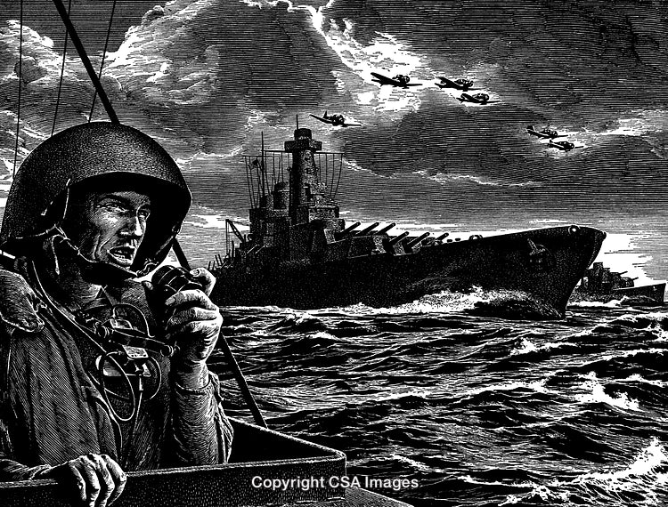 Engraved Wartime Scene with a Naval Officer and Warships
