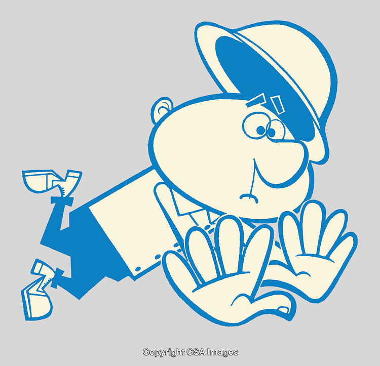 Humorous Cartoon Character Expressing Denial With Raised Hands and Surprised Expression