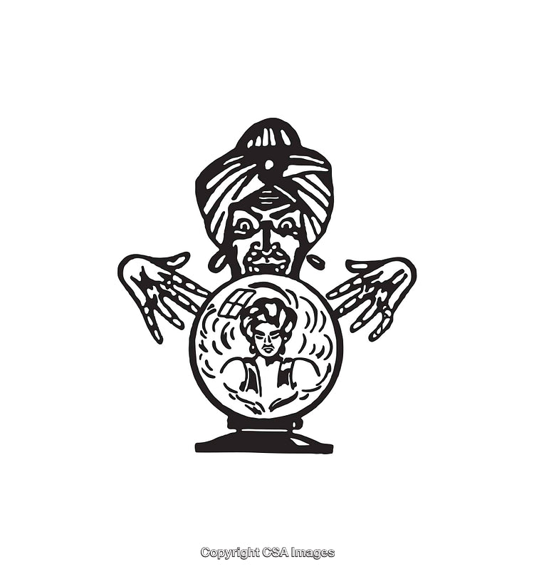 Black and White Mystic Predicting Future with Crystal Ball Illustration