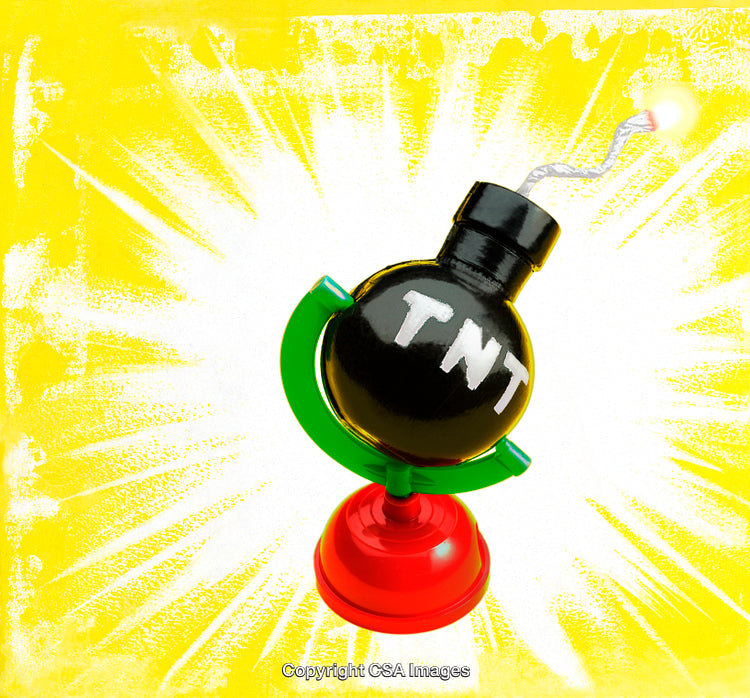 Colorful Toy Explosion Globe with TNT Symbol on Yellow Background