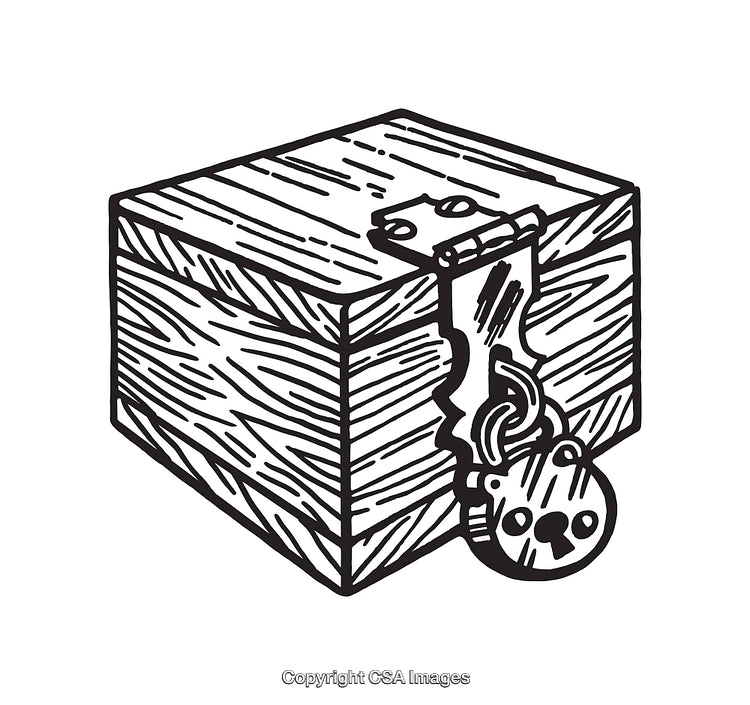 Line Art Depicting Wooden Box with Keychain Accessory in Black and White