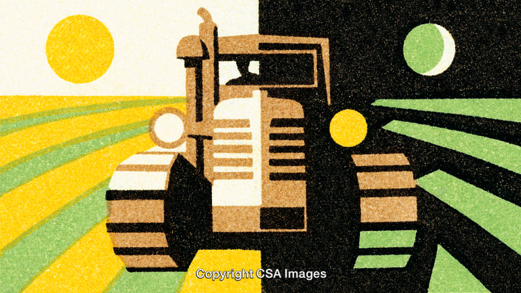 Vintage Farming Illustration Featuring Tractor and Fields in Day and Night Design
