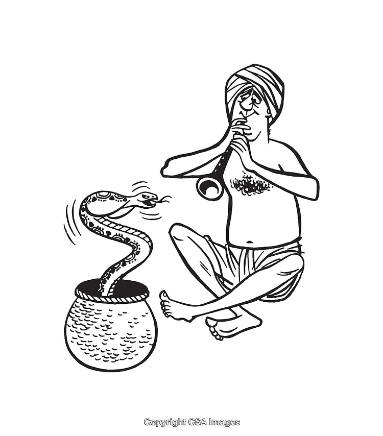 Traditional Snake Charmer Performing With Cobra in Line Art Illustration