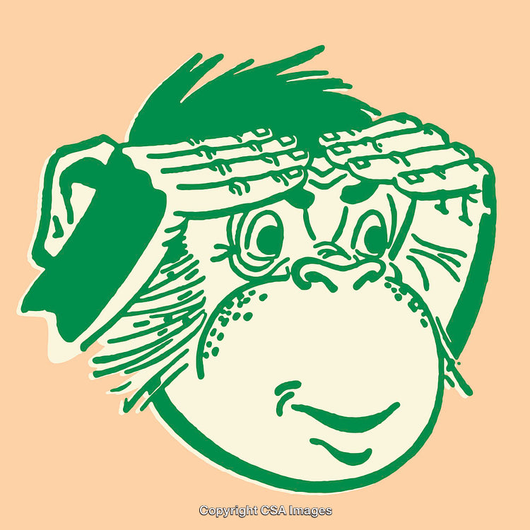 Colorful Illustration of a Monkey with Hands Overhead in Retro Style