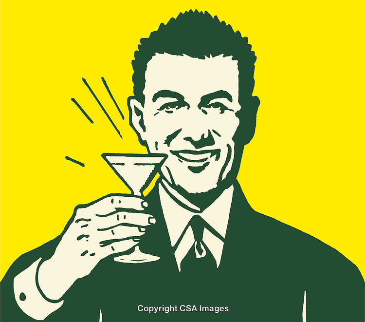 Retro Man Holding Martini Glass Against Bright Yellow Background