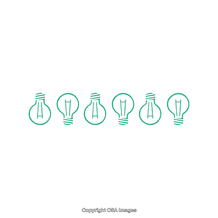 Row of Green Hand-Drawn Light Bulb Icons on White Background