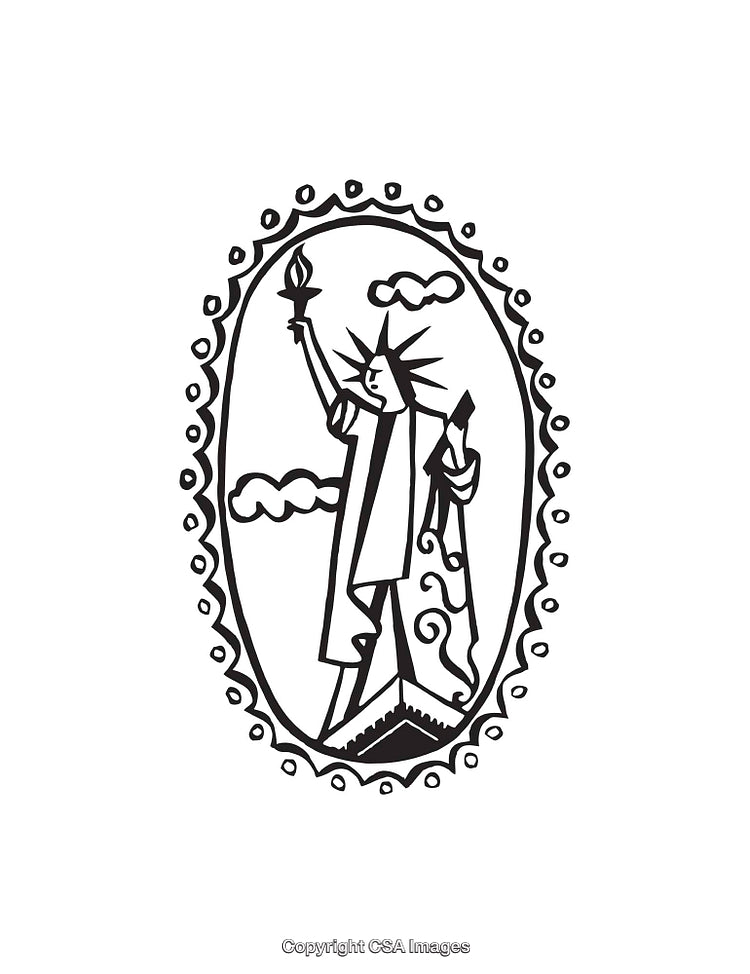 Black and White Line Art of Liberty Statue with Ornamental Border