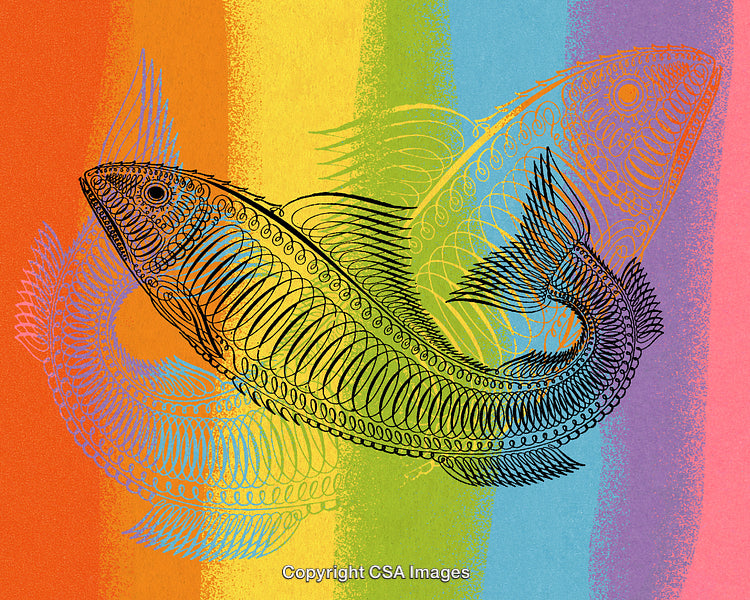 Vibrant Rainbow Background With Detailed Fish Illustration in Fine Line Art Style