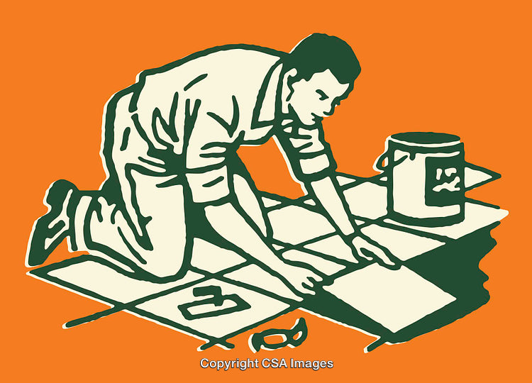 Line Art Illustration of a Man Installing Floor Tiles
