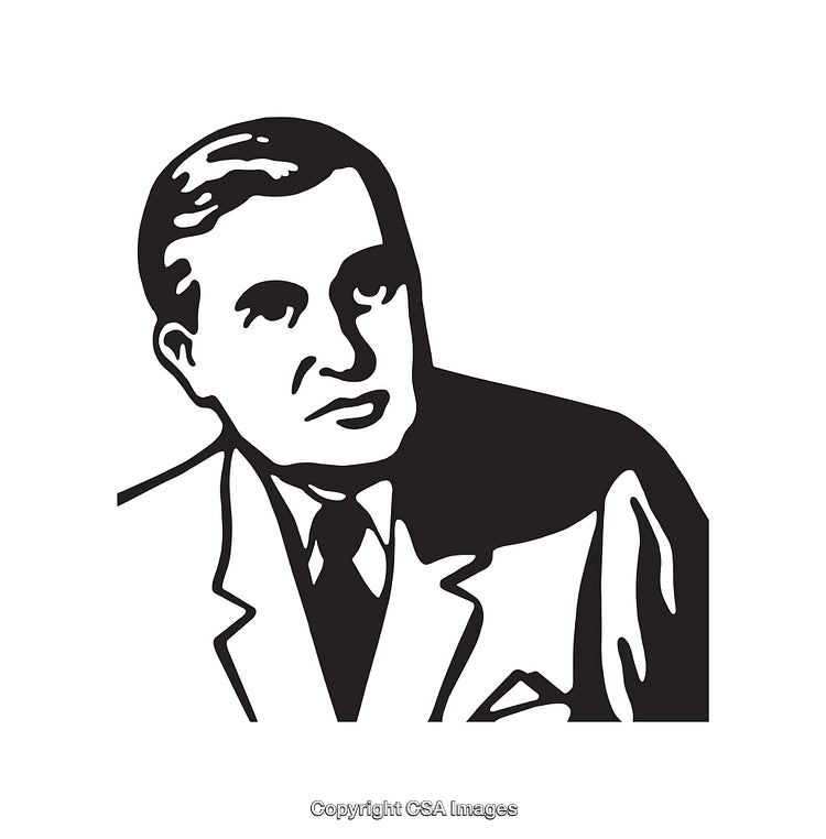 Black and White Line Art of a Thoughtful Personality in Formal Attire