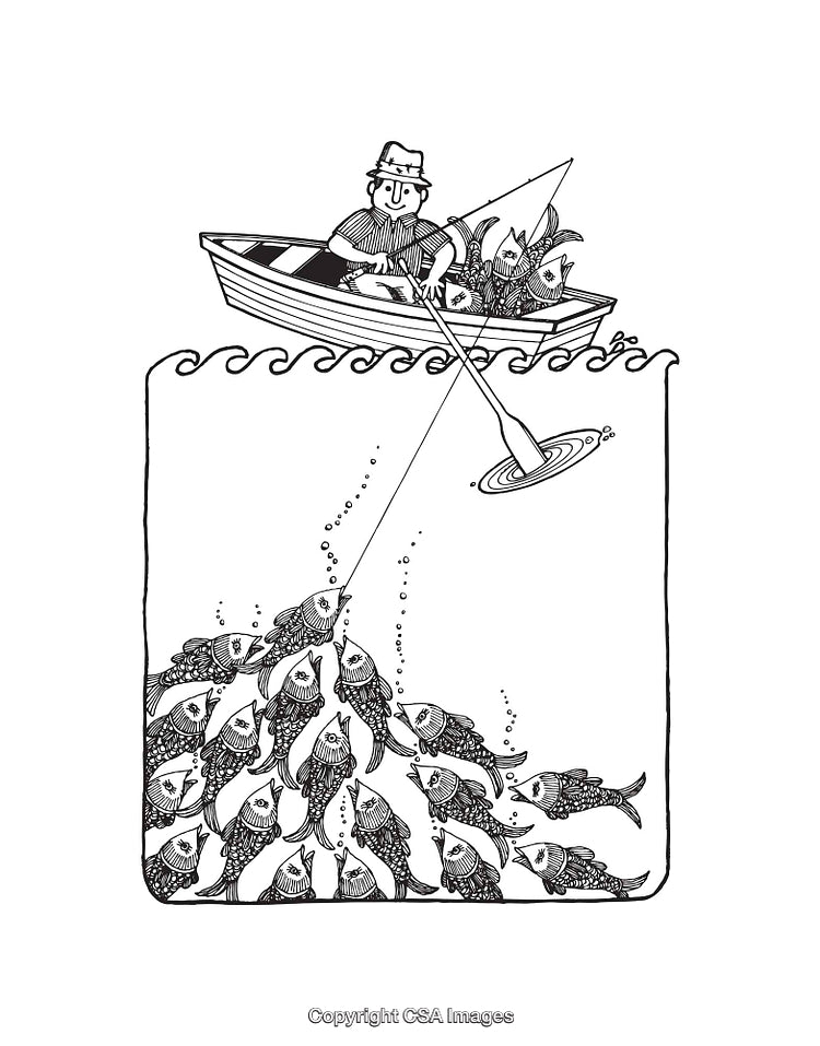 Black And White Line Art of Fisherman and Fishes Underwater