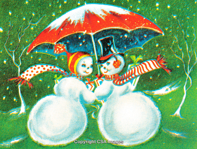 Cheerful Snowman Couple Under an Umbrella During a Magical Snowy Evening