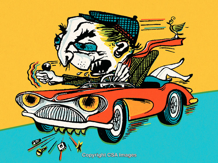 Dynamic Comic Illustration of Driver in Classic Convertible Car with Bold Colors