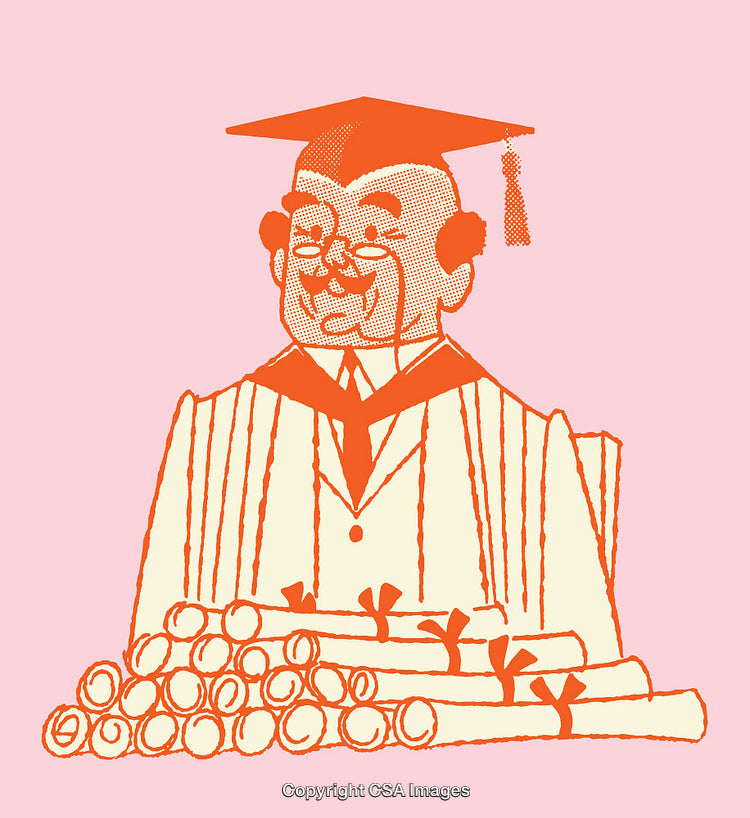 Whimsical Illustration of Graduate With Diplomas and Academic Attire