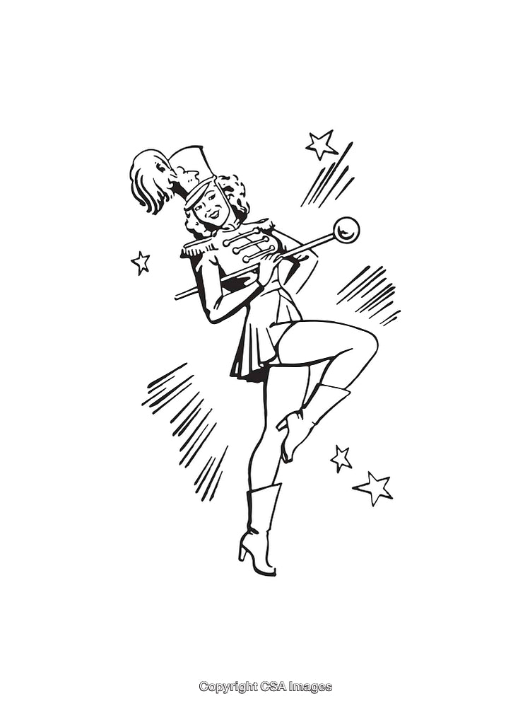 Stylized Illustration of a Majorette Performing With Baton and Enthusiastic Pose